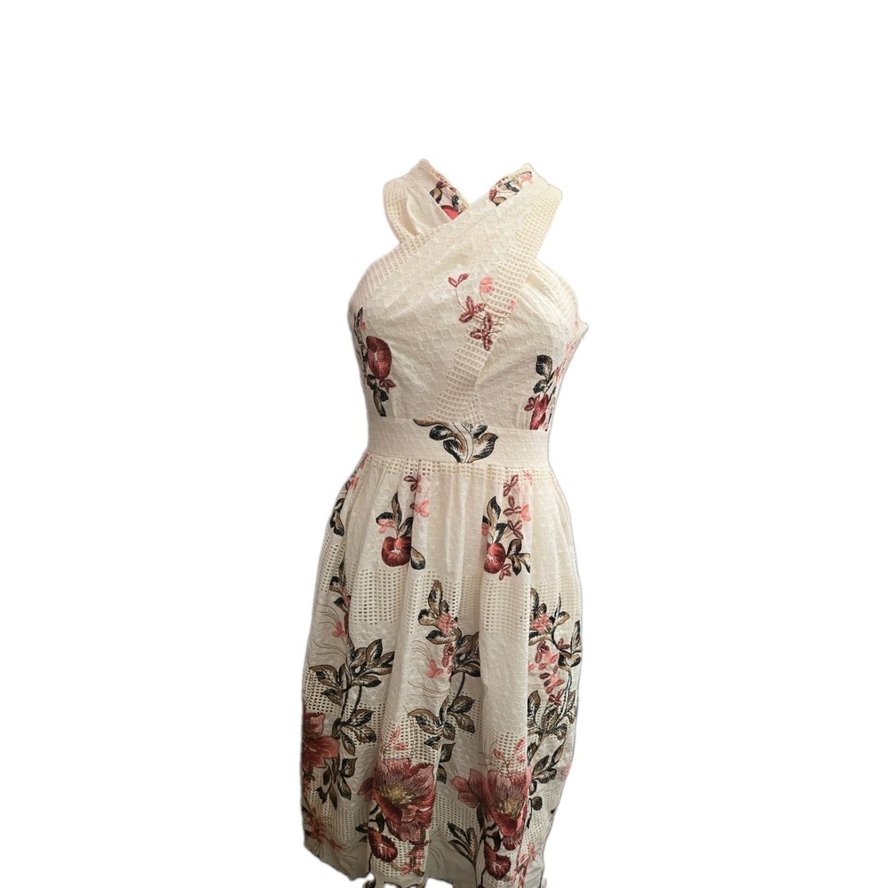 Antonio Melanie Crisscross  Neck Floral Eyelet Midi Dress Has Makeup Marks Sz 2